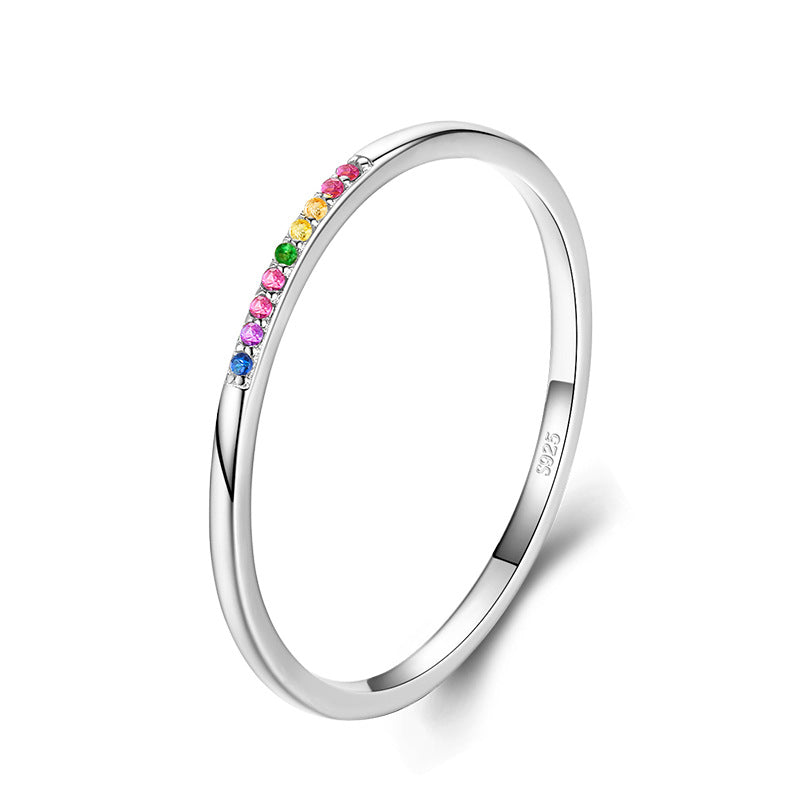 Simple And Versatile Sterling Silver Slender Rainbow Stone Ring