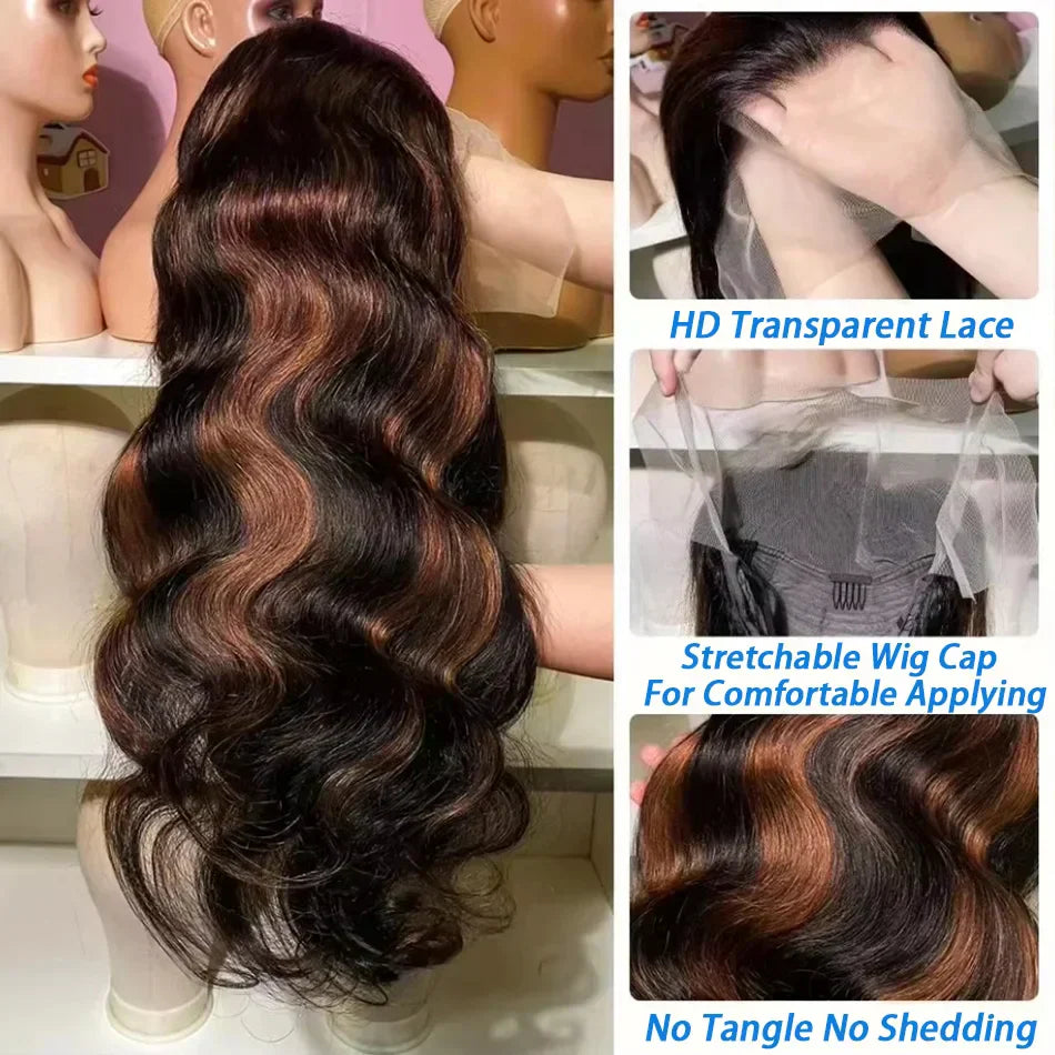 Ombre Highlight Body Wave 13x4 HD Lace Front Human Hair Wig Curly 1B/30 Black Brown Colored 13x6 Lace Frontal Wigs For Women